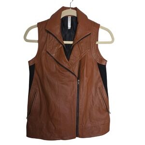 Mural Brown Leather‎ n Wool Asymmetrical Double Zip Moto Vest Women's Size M
